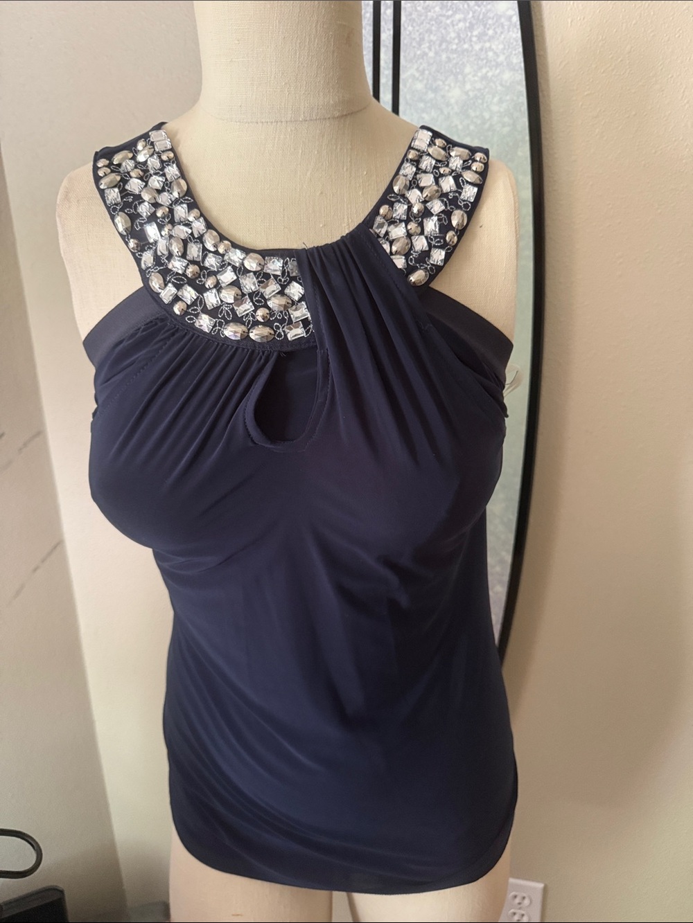 INC International Concepts Navy Jeweled Halter Tank Top